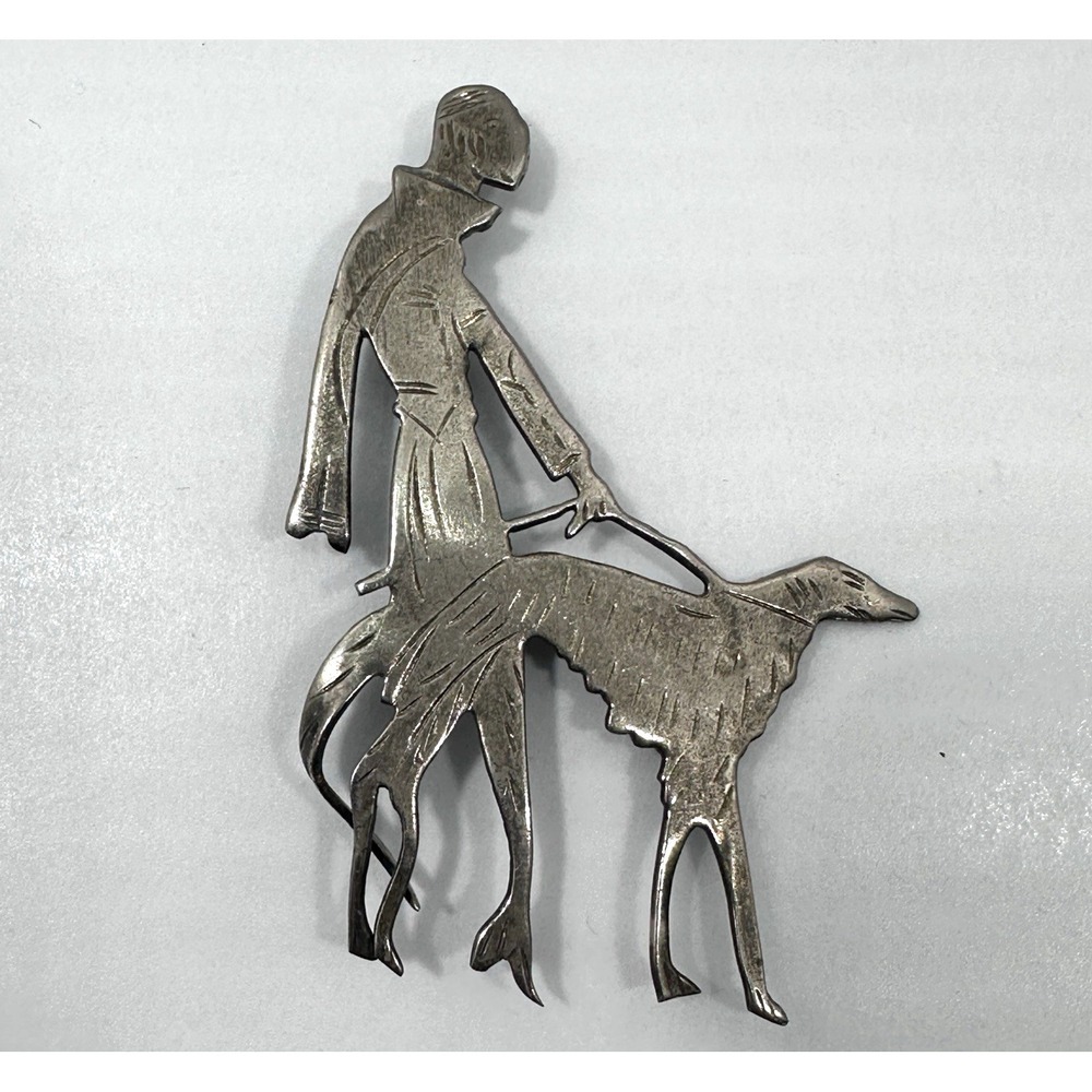Vintage Art Deco Lady Walking Borzoi Dog Brooch Silver Tone Pin 1920s Damaged